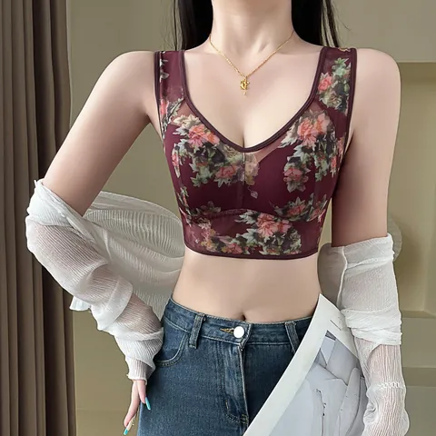 Women Plus Size Seamless Floral Bra Comfortable Push Up Wireless Bralette Vintage Print Vest Style Underwear For Women