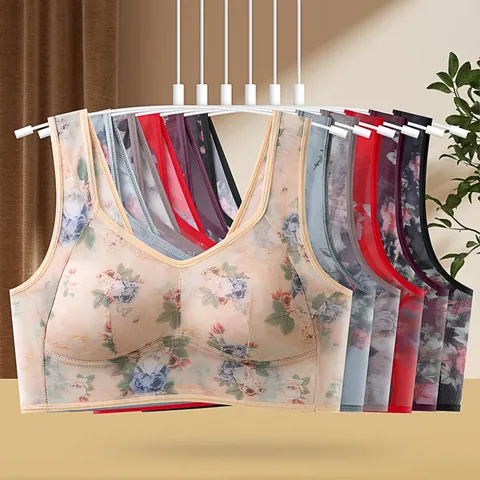 Women Plus Size Seamless Floral Bra Comfortable Push Up Wireless Bralette Vintage Print Vest Style Underwear For Women
