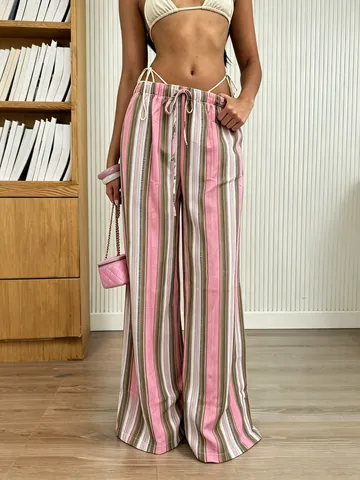 Damen Gestreifte Weite Hose Casual Hohe Taille Kordelzug Lose Bodenlange Hose Resort-Stil Urlaub Hosen