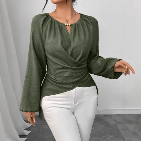 Damen Langarm Gewebtes Top Einfarbig Unregelmäßiger Saum Wickelbandage Bluse Mit Perlenhalsausschnitt Herbst Winter Elegantes Oberteil