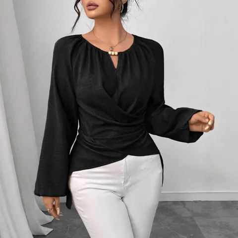 Damen Langarm Gewebtes Top Einfarbig Unregelmäßiger Saum Wickelbandage Bluse Mit Perlenhalsausschnitt Herbst Winter Elegantes Oberteil