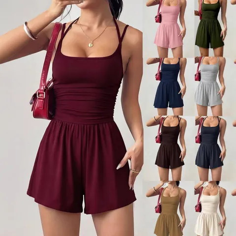 Combishort d'Été à Bretelles pour Femmes Jambe Large Taille Plissée Combinaison Décontractée Sans Manches avec Col Carré
