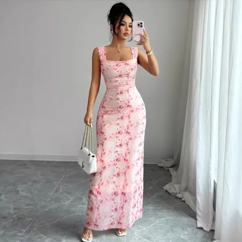 Damen Sommer Blumenmuster Schlanke Passform Rückenfrei Kleid Quadratischer Ausschnitt Ärmellos Sexy Maxi Strickkleid Rosa Lila
