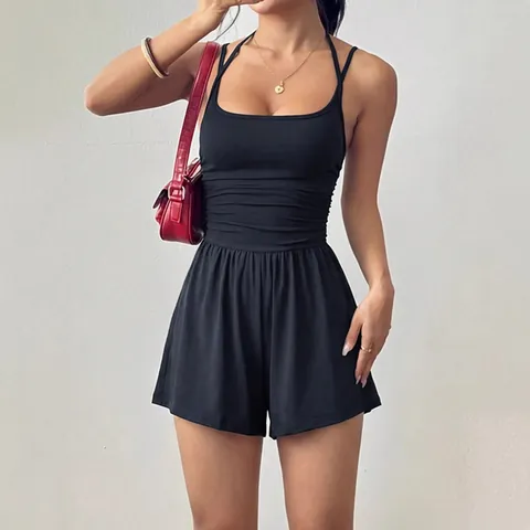 Combishort d'Été à Bretelles pour Femmes Jambe Large Taille Plissée Combinaison Décontractée Sans Manches avec Col Carré