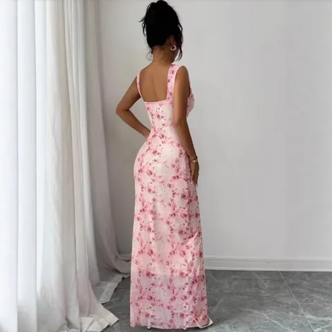Damen Sommer Blumenmuster Schlanke Passform Rückenfrei Kleid Quadratischer Ausschnitt Ärmellos Sexy Maxi Strickkleid Rosa Lila
