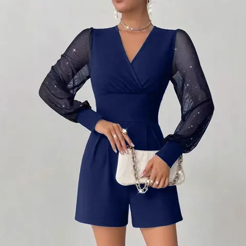 Damen Sexy V-Ausschnitt Pailletten Mesh Patchwork Einteiler Eleganter High Waist Langarm Jumpsuit Shorts Party Bodycon Clubwear