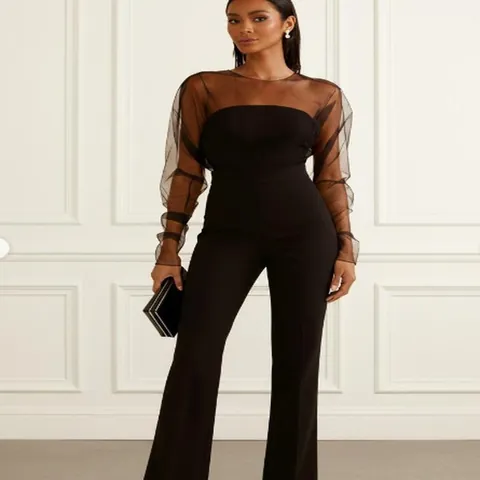 Women Sexy Mock Neck Mesh Patchwork Long Sleeve Jumpsuit Slim Fit Bootcut One Piece Long Pants Elegant Club Party Outfit
