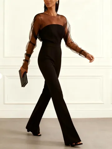 Women Sexy Mock Neck Mesh Patchwork Long Sleeve Jumpsuit Slim Fit Bootcut One Piece Long Pants Elegant Club Party Outfit
