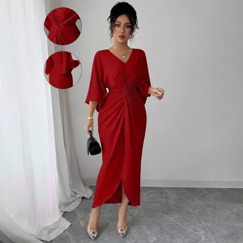Damen Elegant V Ausschnitt Fledermausärmel Maxi Kleid Französisch Twist Knoten Seitenschlitz Kleid Einfarbig Sommer Party Kleid