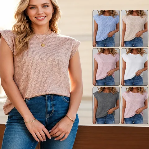 Damen Casual Waffelstrick T-Shirt Elegant Einfarbig Rundhals Lockere Kurzarm Top Für Den Täglichen Büroalltag