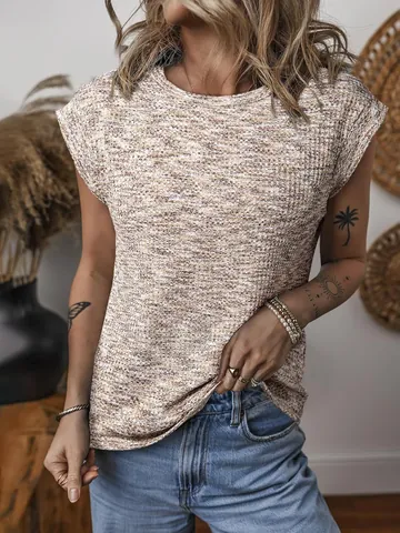 Damen Casual Waffelstrick T-Shirt Elegant Einfarbig Rundhals Lockere Kurzarm Top Für Den Täglichen Büroalltag