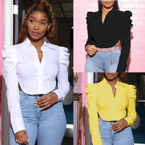 Damen Sexy Kurz Geschnittenes Puffärmel Hemd Elegante Baumwollmischung Langarm Revers Seitenschlitz Bluse Für Den Alltag Dating Party Top