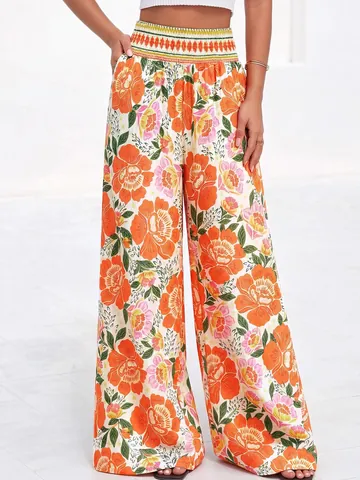 Damen Sommer Blumendruck Weite Hose Hohe Taille Gesmokt Boho Lässig Locker Lange Hose Strand Resort Hose