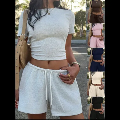 Damen Casual Strick Shorts Set Schlanke Passform Crop Top Und Kordelzug Shorts Zweiteiler Sommer Streetwear Outfit