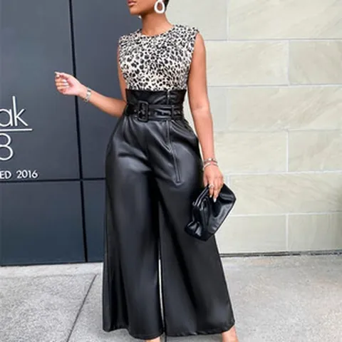 Women High Waist PU Leather Wide Leg Pants Fashion INS Style Trousers With Metal Buckle Belt For Party Nightclub Office