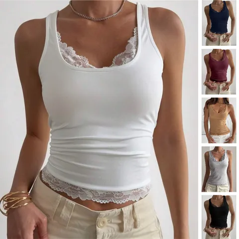 Camisole Sexy pour Femmes avec Bordure en Dentelle Débardeur Ajusté à Côtes Col en V Couleur Unie Sans Manches Streetwear d'Été