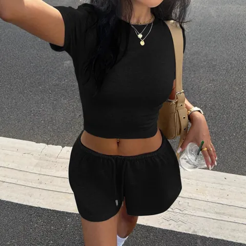Damen Casual Strick Shorts Set Schlanke Passform Crop Top Und Kordelzug Shorts Zweiteiler Sommer Streetwear Outfit