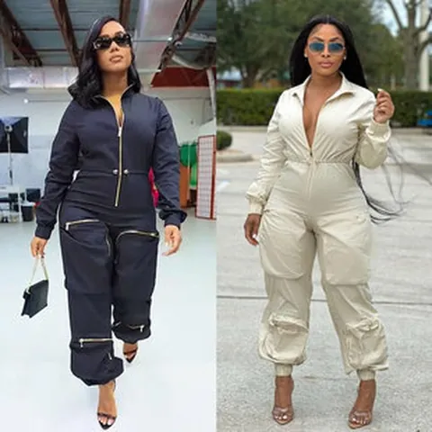 Damen Langarm Workwear Jumpsuit Schlanke Taille Metallreißverschluss Mehrere Taschen Cargo Hose Einfarbig Polyester Top And Bottom