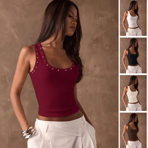 Women Y2K Spicy Girl Sexy Ribbed Tank Top Sleeveless Slim Fit Crop Top With Rhinestones Eyelets Streetwear Clubwear Top