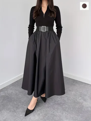 Women Elegant French Hepburn Style Black Long Sleeve Midi Dress Ribbed Knit V-Neck A-Line Dress With Metal Buckle Belt