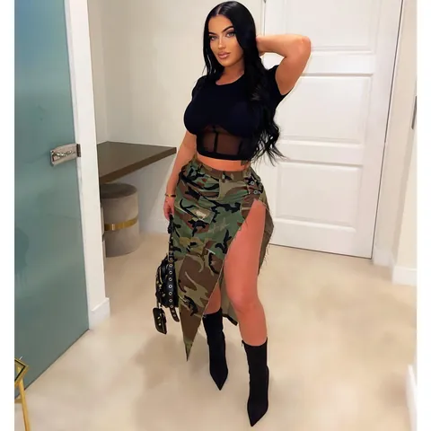 Women Washed Cotton Camouflage Midi Skirt High Slit Distressed Cargo Skirt With Pockets Streetwear Fashion Army Green Bottom