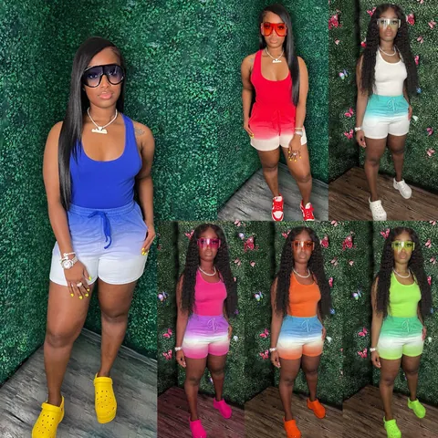 Damen Baumwolle Racerback Tank Top Und Gradient Shorts Set Lässig Ärmellos Sommer Sportbekleidung Top Und Bottom Outfit