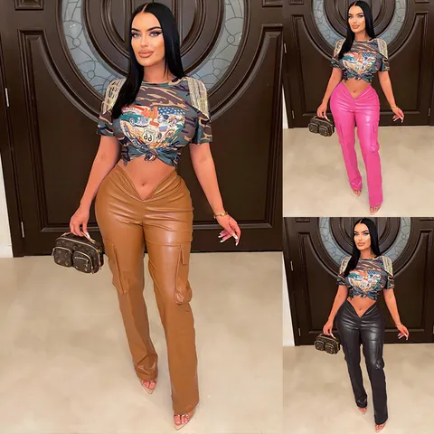 Damen PU Leder Cargo Hose Sexy V-Förmige Niedrige Taille Slim Fit Gerade Lange Hose Mit Multi Taschen Streetwear Mode