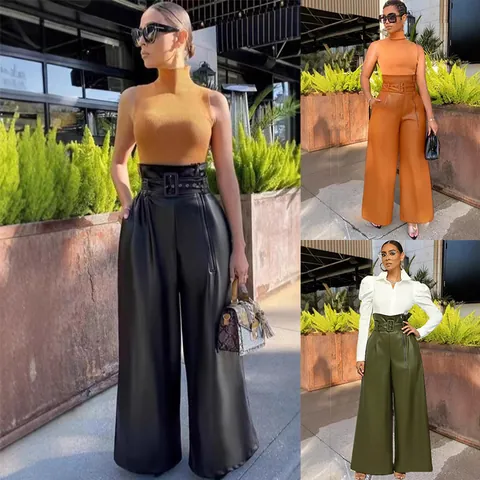 Damen High Waist PU Leder Weites Bein Hose Mit Gürtel Mode Einfarbig Lange Hose Für Nachtclub Party Streetwear Freizeithose