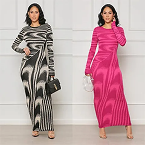 Women Sexy Irregular Print Bodycon Maxi Dress Long Sleeve Round Neck Slim Fit Polyester Pencil Dress Elegant Night Out Party Wear