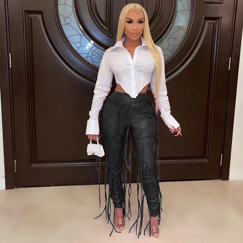 Dames Mode PU Leren Broek Vetersluiting Trekkoord Kwastjes Ontwerp Heupomsluitende Skinny Potloodbroek Punk Streetwear Broeken