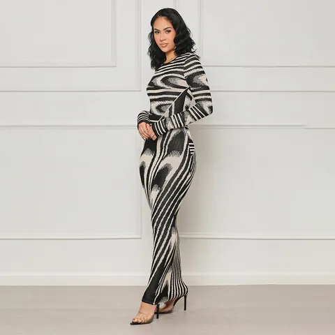 Women Sexy Irregular Print Bodycon Maxi Dress Long Sleeve Round Neck Slim Fit Polyester Pencil Dress Elegant Night Out Party Wear