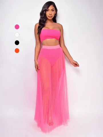 Vrouwen Sexy Driedelige Set Bandeau Top Slipje En Mesh Geplooide Maxi Rok Vakantie Strand Outfit Party Set