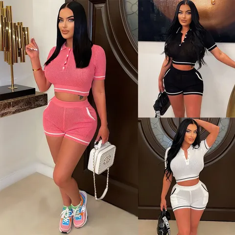 Damen Strick Polyester Top Und Bottom Sportlich Polo-Kragen Crop Top Kontraststreifen Shorts Zweiteiliges Set Freizeit Fitnesskleidung