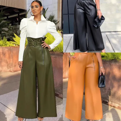 Women High Waist PU Leather Wide Leg Pants Fashion INS Style Trousers With Metal Buckle Belt For Party Nightclub Office
