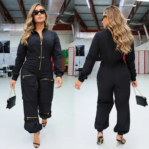 Damen Langarm Workwear Jumpsuit Schlanke Taille Metallreißverschluss Mehrere Taschen Cargo Hose Einfarbig Polyester Top And Bottom