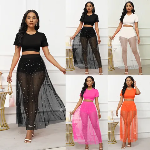 Completo Top E Parte Inferiore Da Spiaggia Estiva Da Donna Gonna Maxi In Rete Con Perle Artificiali Abbigliamento Streetwear