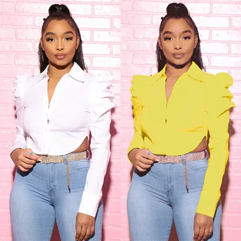 Damen Sexy Kurz Geschnittenes Puffärmel Hemd Elegante Baumwollmischung Langarm Revers Seitenschlitz Bluse Für Den Alltag Dating Party Top
