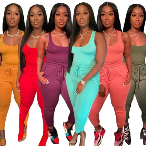 Women's Sexy Ribbed Two Piece Set Sleeveless Tank Top And Drawstring Jogger Pants Casual Slim Fit Tracksuit Sports Outfit