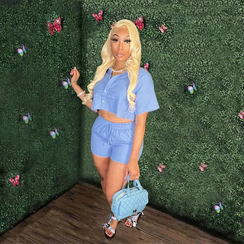 Damen Sommer Zweiteiler Casual Kurzarm Hemd Und Elastische Taille Shorts Mit Taschen Einfarbig Strand Outfit