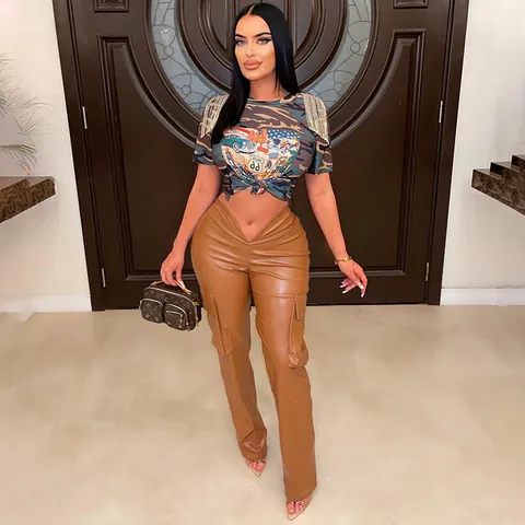 Damen PU Leder Cargo Hose Sexy V-Förmige Niedrige Taille Slim Fit Gerade Lange Hose Mit Multi Taschen Streetwear Mode