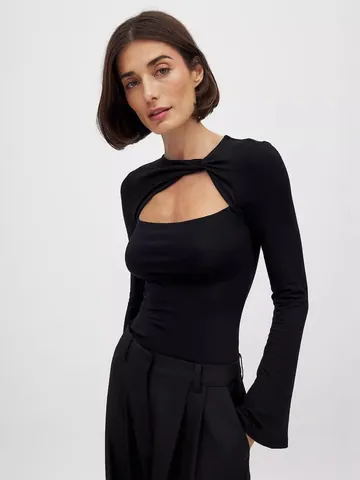T-Shirt à Manches Longues Coupe Ajustée pour Femmes Ajouré Nœud Torsadé Faux Deux-Pièces Couleur Unie Sexy Style Ins