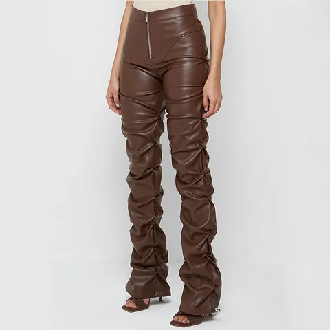Pantalones Acampanados Apilados de Cuero PU de Cintura Alta para Mujer Moda Ajustado Pantalones de Piel Sintética Fruncidos para Estilo Urbano