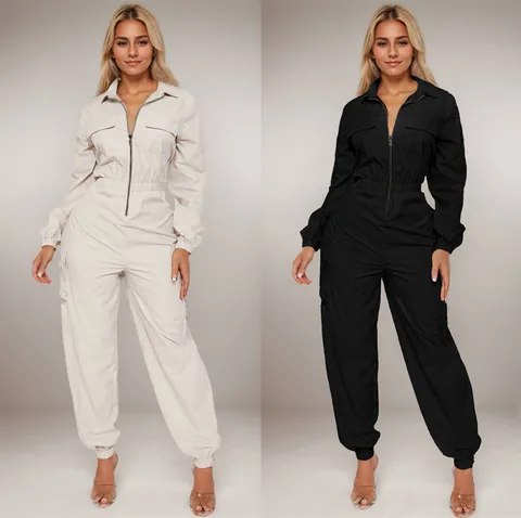 Damen Fashion Cargo Jumpsuit Langarm Reißverschluss Vorne Elastische Taille Workwear Overalls Mit Klappentaschen Casual Romper