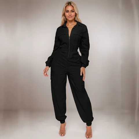 Damen Fashion Cargo Jumpsuit Langarm Reißverschluss Vorne Elastische Taille Workwear Overalls Mit Klappentaschen Casual Romper