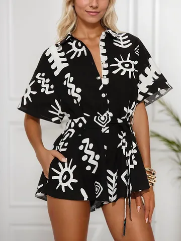 Women Summer Short Sleeve Romper Tribal Sun Print Shirt Collar Lace-up Jumpsuit Polyester Casual Fashion Top And Bottom
