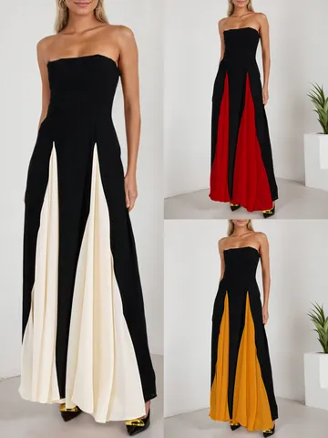 Damen Sexy Farbblock Trägerloses Maxikleid Polyester Patchwork Plissee Slim Fit Bodycon Abendparty Kleid Elegantes Ballkleid