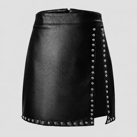 Women Sexy Black PU Leather Mini Skirt Nightclub Slim Fit Beaded Rivet Decor Back Zipper Bodycon High Waisted Short Skirt Bottom