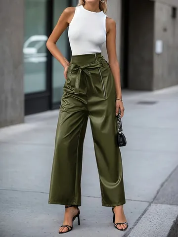 Dames Hoge Taille PU Leer Wijde Pijpen Broek Met Riem Eenvoudig Los Casual Rechte Broek Effen Kleur Office Lady Streetwear