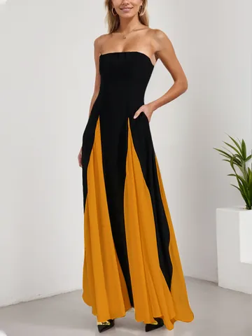 Damen Sexy Farbblock Trägerloses Maxikleid Polyester Patchwork Plissee Slim Fit Bodycon Abendparty Kleid Elegantes Ballkleid