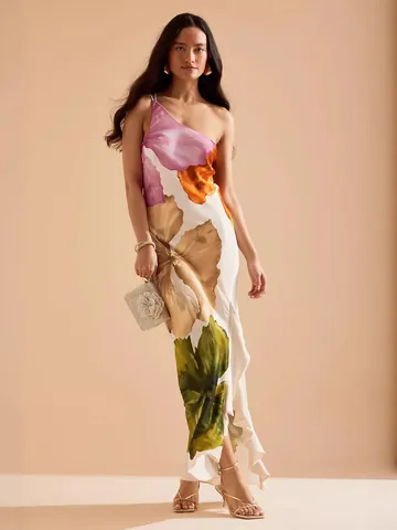 Damen Ein Schulter Rüschensaum Blumen Maxikleid Sexy Rückenfrei Elegant Urlaub Ärmellos Polyester Kleid